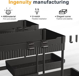 Black <b>Kitchen</b> Counter Organizer with Hooks Under Sink 2-Tier Rack Pull Sink <b>Storage</b> Plastic+Stainless Steel Eco-Friendly - Product Image 2