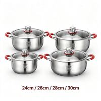 Juego de ollas de acero inoxidable 304 de grado alimenticio de 4 piezas con mango rojo, tapa de vidrio, logotipo protector y acabado cepillado