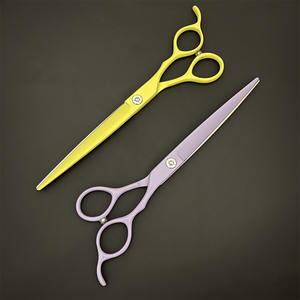 Tijeras de peluquería para mascotas K7, hoja plana de acero inoxidable de 7 pulgadas, amarillo y morado, para cortar el pelo de perros, tijeras profesionales - Product Image 1