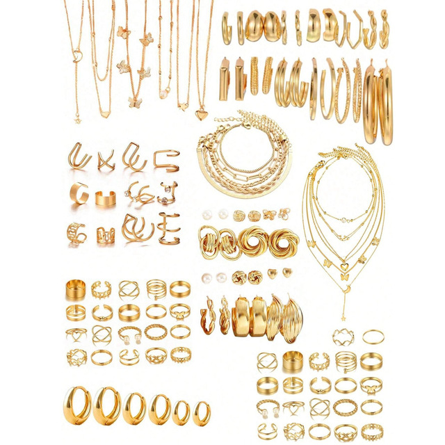 2026 Luxury Alloy Gold Plate Jewelry Set for Women Vintage Layered Necklace Earrings Rings Bracelet Fashion Accessories