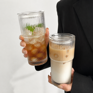 Vertical Ribbed Bamboo Joint Glass Tumbler With Straw Dual Drinking <b>Coffee</b> Cup Aesthetic Promotional Gift <b>Bottle</b> - Product Image 4