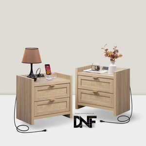 Type-C Charging Station Nightstands Set 2 Bedside <strong>Table</strong> 2 Drawers <strong>Storage</strong> Boho Light Oak <strong>End</strong> <strong>Table</strong> for Bedroom Office Rattan - Product Image 1