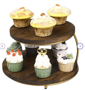 Soporte de madera para pasteles y dulces con plato de madera superior e inferior y soporte metálico de hierro redondo para decoración del hogar - Product Image 6