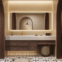 Ensemble de meuble de douche et coiffeuse sur mesure, style crème, avec lavabo intégré et plan de travail en pierre thermoformée