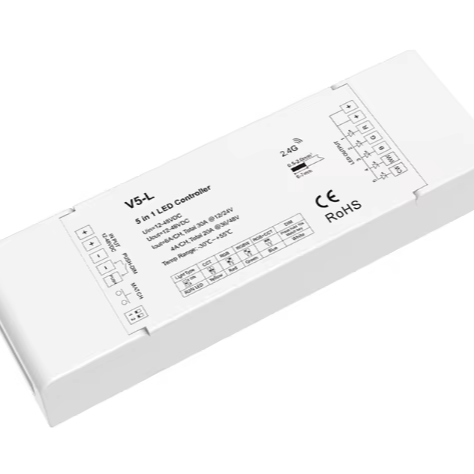 V5-L RF2.4G 5-Ch 5-in-1 LED Controller Light Dimmer 12-48VDC CV Push Dim RGB/RGBW/RGB+CCT 30m Range 5-Year Manual