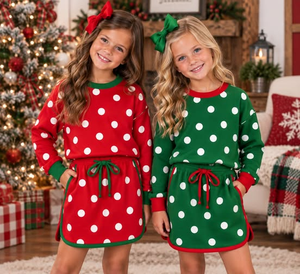 Tenues de Noël personnalisées à pois pour filles, ensembles décontractés pour sœurs, vêtements de boutique en gros, prix d'usine, mignons et doux pour tout-petits - Product Image 2