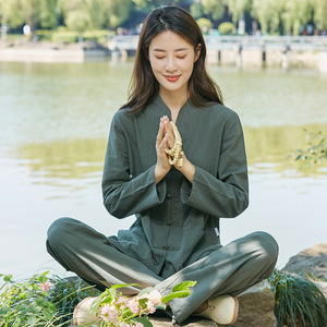 Ensemble 2 pièces de style Tang rétro chinois pour hommes et femmes, tenue de méditation zen relaxante, vêtements de yoga et de Tai Chi respirants pleine longueur pour le thé - Product Image 3