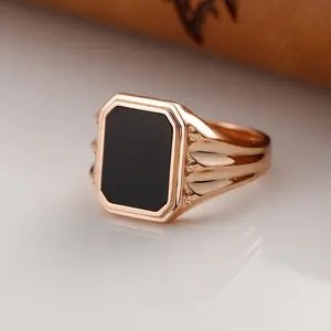 Xinfly China non fade pawnable Pure 18K Real Gold jewelry Natural Square Black Onyx Signet Retro Ring for Men