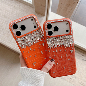 Étui de téléphone en cuir <span class=keywords><strong>orange</strong></span> à motif crocodile avec diamants pour iPhone 17 16 15 14 Pro 13 Pro Max – Coque arrière de luxe antichoc ornée de diamants - Product Image 1