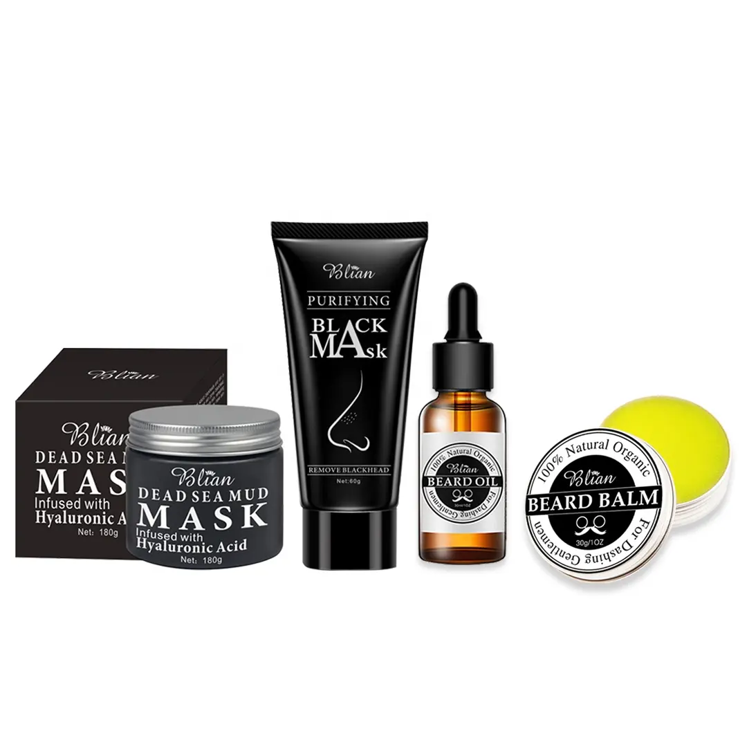 Private Label Men's Skincare Kit Beard Oil Balm Dead Sea Mud Facial Mask Blackhead Remover Nose Mask Men Skin Care