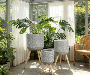 Botanical Leaf Embossed Standing Planter <b>Set</b> of 3 with Tripod Wooden Legs, Weather Resistant Decorative Plant Pot for <b>Home</b> Hotel - Product Image 4