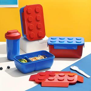 Neues Design 1100ML Bento-Lunchbox für Neugeborene und Kinder 2 Fächer Kreative Bausteine Einlagiges Set mit Löffel und Gabel aus Kunststoff - Product Image 1