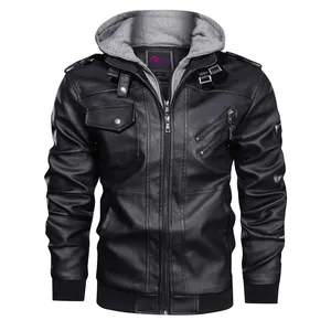 Factory Clothing black brown Zip Up Letterman Letter Motorcycle Men Leather varsity Jacket with removable hood