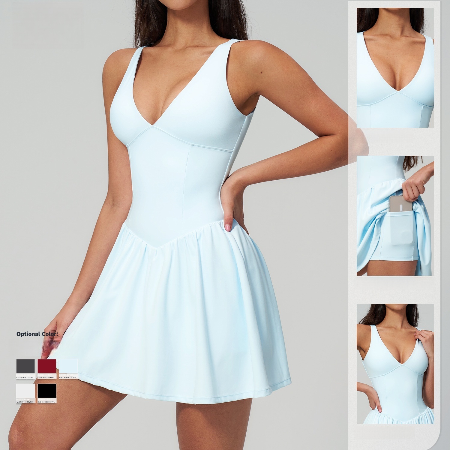 Cross-border Fitness Yoga Tank Dress Sports Outdoor Running Regular Fit Solid Midi Pleated Woven Breathable Eco-Friendly
