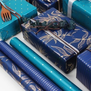 Blue Gold Leaf Pattern Recyclable Gift <b>Wrapping</b> <b>Paper</b> Roll Double Sided Art <b>Paper</b> 70GSM for Gift Packaging Digital Printing - Product Image 1