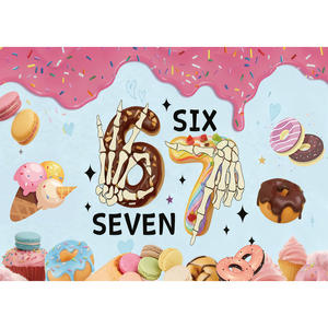 Toile de fond personnalisable pour anniversaire sur le thème des Mèmes 6 7, avec décorations amusantes de beignets et glaces, bannière de fête - Product Image 6