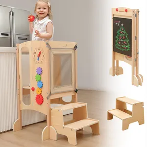 Taburete de cocina plegable para niños pequeños, ayudante con taburete de 2 escalones, juegos de actividades Montessori, torre de aprendizaje de madera para bebés con red de seguridad