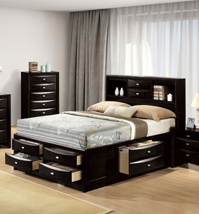 <b>Queen</b> <b>Size</b> Adjustable Convertible Modern Soft <b>Bed</b> 2x Nightstands Headboard Bookcase Black Color 3pc Set Bedroom Furniture - Product Image 1