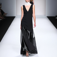 Robe longue de soirée formelle noire sans manches, col en V profond, drapée, à panneaux asymétriques, coupe trapèze fluide, sur mesure, vente en gros pour femmes
