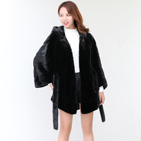Damen modische lässige mittellange Kapuze Nerz Pelzmantel Winter Oberbekleidung chinesischen Stil Polyester Knöpfe Taille Gürtel lang