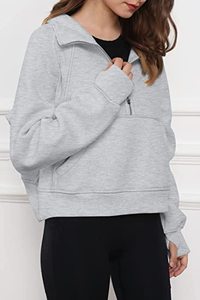 Femmes demi fermeture éclair court pull sweat polaire quart fermeture éclair à capuche vêtements d'hiver pull pouce trou décontracté tissé - Product Image 6