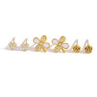 3 paires de boucles d'oreilles de créateur en acier inoxydable, anti-ternissement, plaqué or 18 carats, minimalistes, avec cristaux et fleurs en forme de coquillage