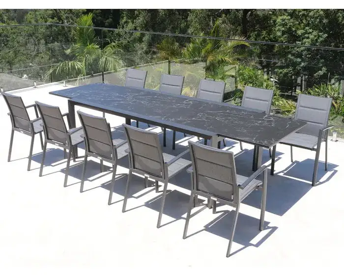 Set furnitur ekstensi mewah, bingkai Aluminium, atasan keramik dapat diperpanjang dengan Set kursi, meja luar ruangan
