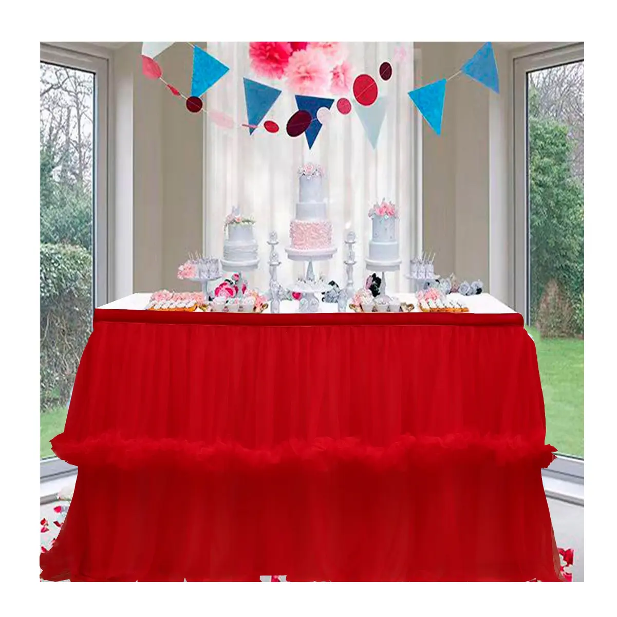 El yapımı dantel tül etek kırmızı masa örtüsü düğün ziyafet elastik streç ev açık parti yağa dayanıklı