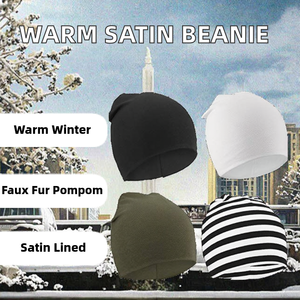 Bonnet unisexe en tricot épais doublé satin, avec pompon en fausse fourrure, côtelé, 100 % acrylique, ajustable, idéal pour l'hiver, la plage et les voyages - Product Image 2