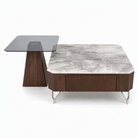 Ensemble de tables basses avec plateau en marbre, tiroirs de rangement, piétement en verre fumé, pieds chromés incurvés modernes, structure en bois de noyer pour l'entrée de la maison