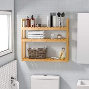 Bamboo <b>Wall</b>-<b>Mounted</b> Three-Tier <b>Shelf</b> Adjustable Storage Rack For Bathroom - Product Image 1