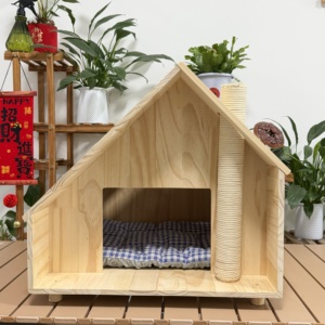 Wooden Indoor House With Scratching Post Cushion Natural Bed and Hideaway Modern Kitten Cave Play Centre - Product Image 1