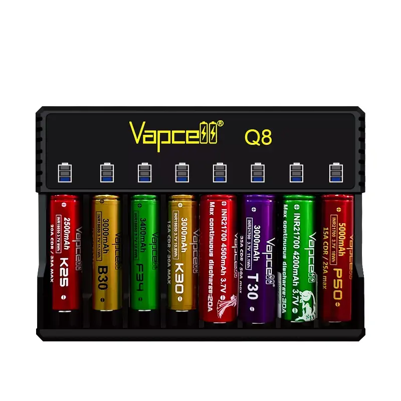 New Release Vapcell Q8 Fast Battery Charger 8 Slots 1A/Slot 8A for Li-ion Rechargeable 14500/16340/18650/20700/21700/26350/26650