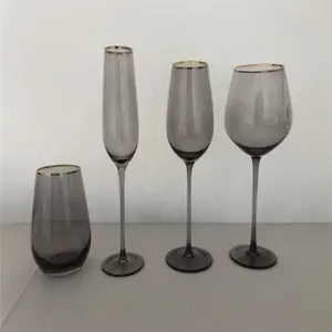 Factory Stocked Smoke Grey Crystal Blown Stem Gold Rim Wine Glasses Water Glasses