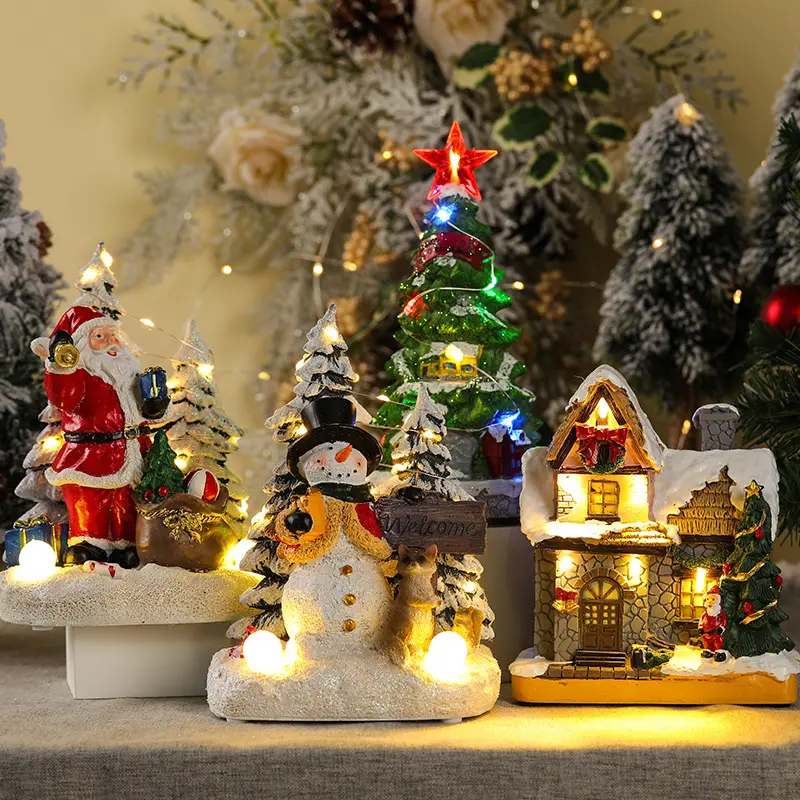 Christmas Resin Lights Santa Claus House Snowman Scene Decoration Gifts