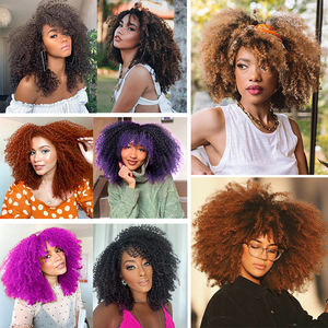 Parrucche ricci Afro da 16 pollici per donne nere parrucche ricci crespi corti con frangia <span class=keywords><strong>capelli</strong></span> Afro marroni parrucche Cosplay Glueless in fibra sintetica - Product Image 6