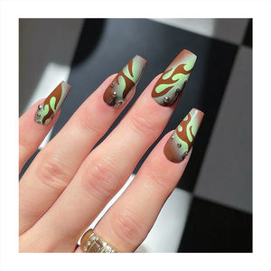 Faux ongles longs en forme de cercueil, printemps frais, couleur verte, motifs variés, longue durée, réutilisables, à presser - Product Image 5