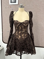 Robe Courte Vintage en Dentelle Française pour Femme, Dos Nu, Élégante, Manches Longues, Coupe Trapèze avec Taille Corset, Idéale pour Soirées et Rendez-vous Galants