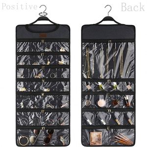 Best New Folding Large Wall Storage Bag Double Sided 49 Pockets Hanging Jewelry Organizer Zipper Black <b>Space</b>-<b>Saving</b> PVC Fabric - Product Image 1