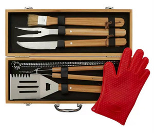 Ensemble de gril de barbecue personnalisé de 10 pièces en acier inoxydable Batterie de cuisine Ensemble d'outils de barbecue Ustensiles de cuisine et boîte en bois - Product Image 2