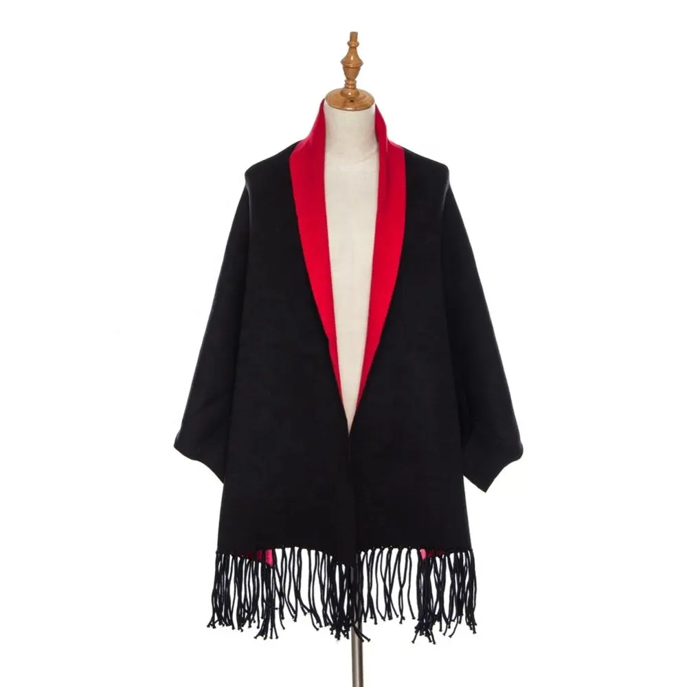 Poncho en cachemire de grande taille pour femme, châle et écharpe en coton, couleur unie, rouge et noir, tendance