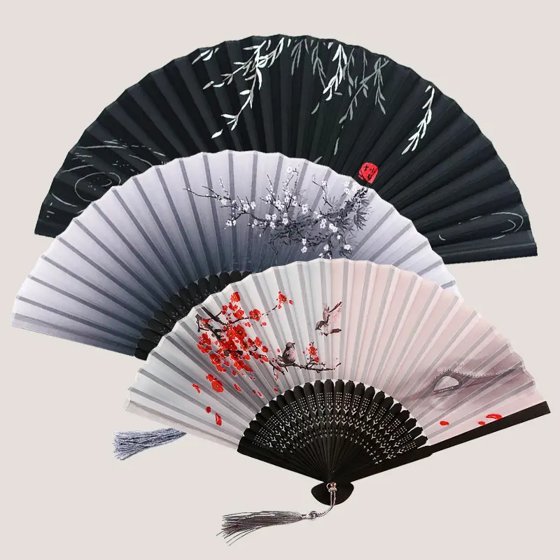 Vintage İpek katlanır el Fan püskül ile bambu çin kumaş desen sanat zanaat zarif japon dekorasyon ev gelin hediyeler