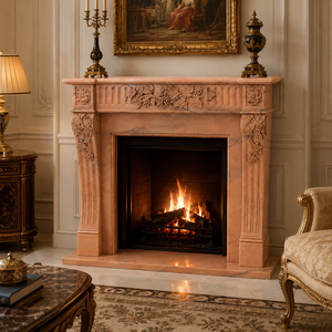 Traditional Marble <b>Fireplace</b> Mantel With Ornate Carving Cloudy Rosa Stone Indoor Wood Burning Hearth For Living Room - Product Image 1