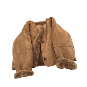 Giacca da <span class=keywords><strong>Donna</strong></span> Marrone in Pelle Scamosciata con Fodera Spessa in Lana d'Agnello Autunno Inverno Casual Monopetto Corta in Stile Coreano - Product Image 5