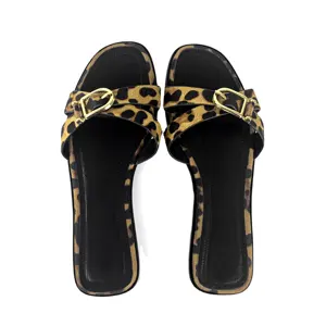 New Design Summer Woven Women's Flat Slipper Open Toe Simple Ladies Sandals Leopard Print Cross Strap Sandy Beach Shoes