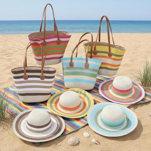 Nouveau sac de plage rayé coloré d'été, grand sac fourre-tout en paille avec fermeture éclair et ensemble chapeau pour les voyages en plein air - Product Image 1