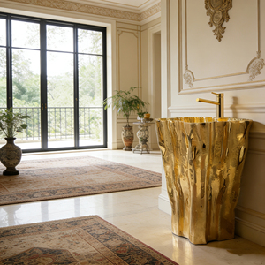 Lavabo su Colonna Artistico di Alta Gamma con Texture Tronco d'Albero Dorato, Costruzione in Fibra di Vetro per Bagni di Lusso - Product Image 2
