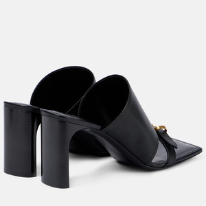 Sandalias de tacón alto y grueso con hebilla metálica y punta cuadrada abierta para mujer, estilo mule. - Product Image 3