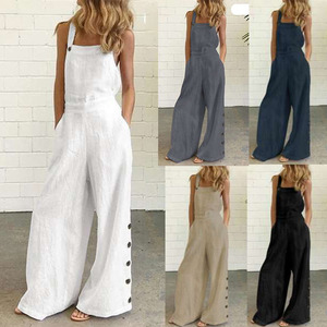 Mono Largo <span class=keywords><strong>de</strong></span> <span class=keywords><strong>Lino</strong></span> Holgado para Mujer, Estilo Veraniego, Sin Mangas, con Tirantes, Pantalones Anchos con Botones, Talla Grande 5XL - Product Image 3