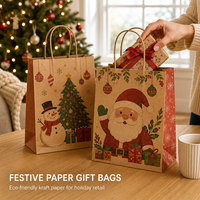 Sac cadeau en papier kraft de Noël avec motif bonhomme de neige, poignées torsadées, sac plat standard recyclable pour offrir des cadeaux de Noël